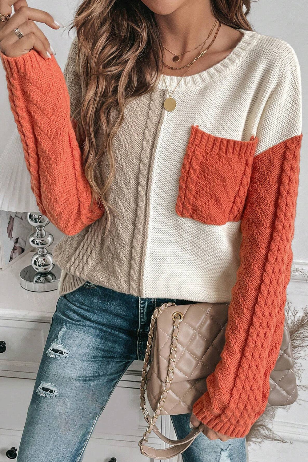 Gold flame colorblock pullover mit aufgesetzten taschen und schultertaschen