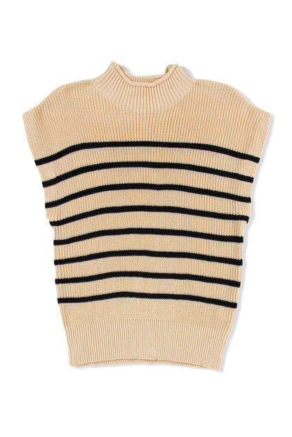 Pergamentfarbener gestreifter rippenstrickpullover mit hohem ausschnitt