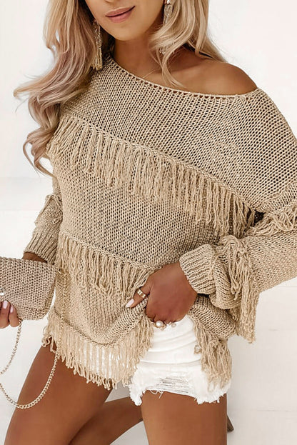 Khakifarbener boho-strickpullover mit quasten