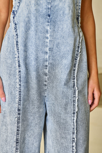 Beau blue light wash ausgefranste exponierte naht weites bein denim overall