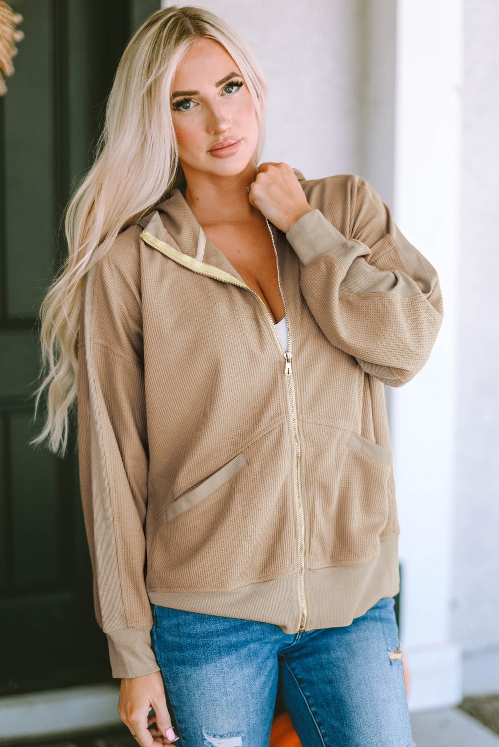 Khaki thermal waffle knit full zipper hooded jacket