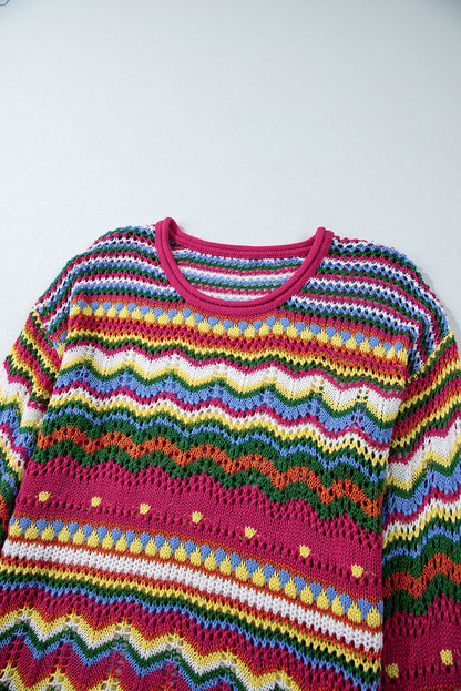 Rosenroter colorblock gestreifter strickpullover mit losen ärmeln