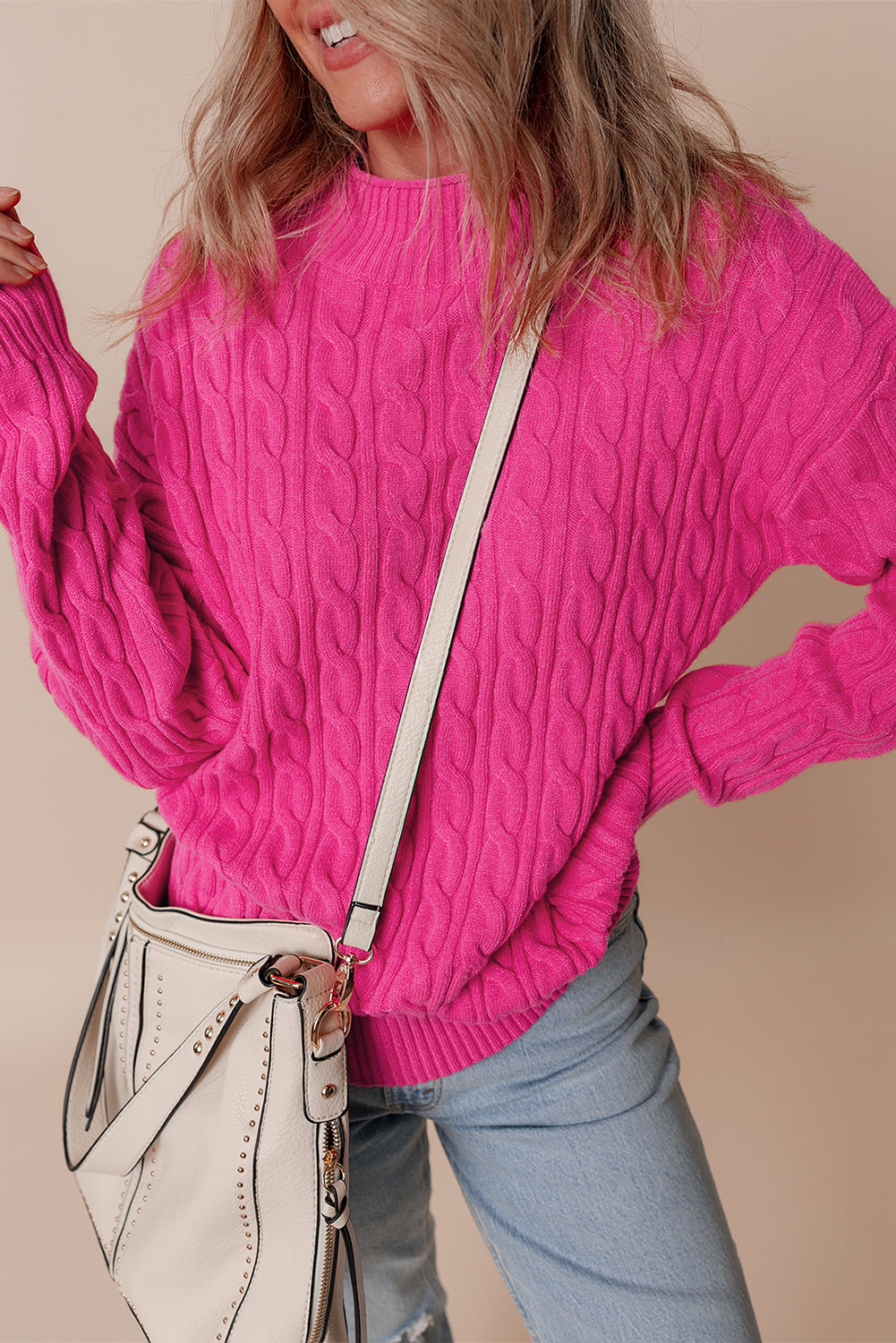Rose red solid kabel stricken hohen hals drop shoulder pullover