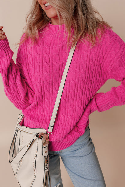 Rose red solid kabel stricken hohen hals drop shoulder pullover