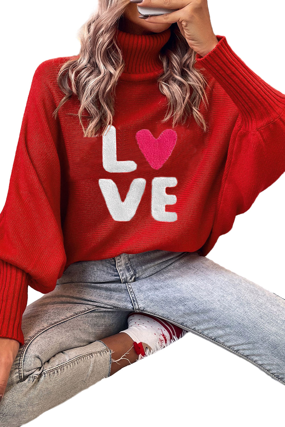 Racing red valentine love letter stickerei high neck pullover