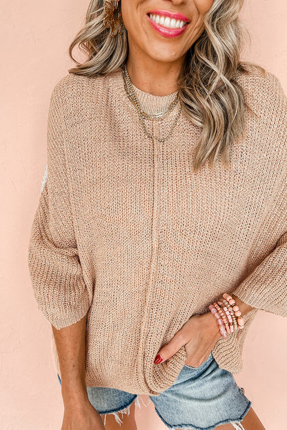 Helles french beige gestreifter pullover mit 3/4 ärmeln und rundhalsausschnitt