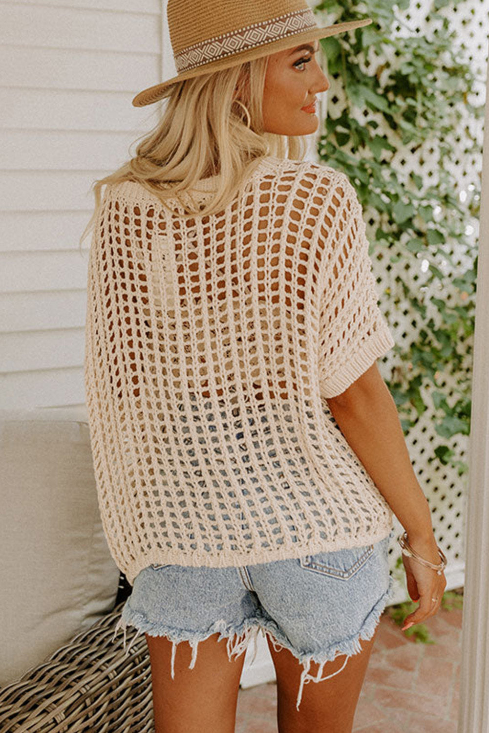 Apricot fischnetz strick gerippt rundhalsausschnitt kurzarm pullover tee