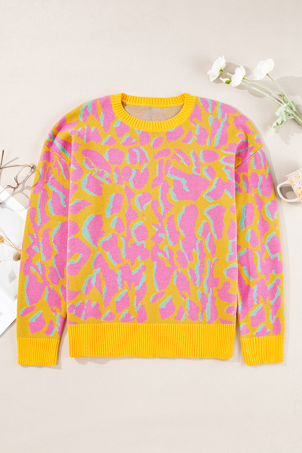 Vitality orange abstrakte druck gerippte trim baggy pullover