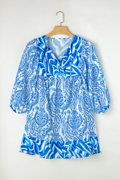 Himmelblau bohemian print puff sleeve tied v neck flared mini dress
