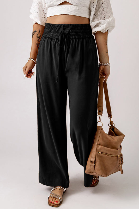 Schwarzer kordelzug elastische taille lässige hose mit weitem bein