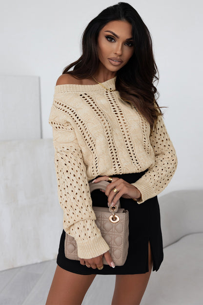 Khaki ösen kabelstrick pullover mit schultern