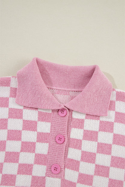 Rosa karierter knöpfe kragen v-ausschnitt drop shoulder pullover