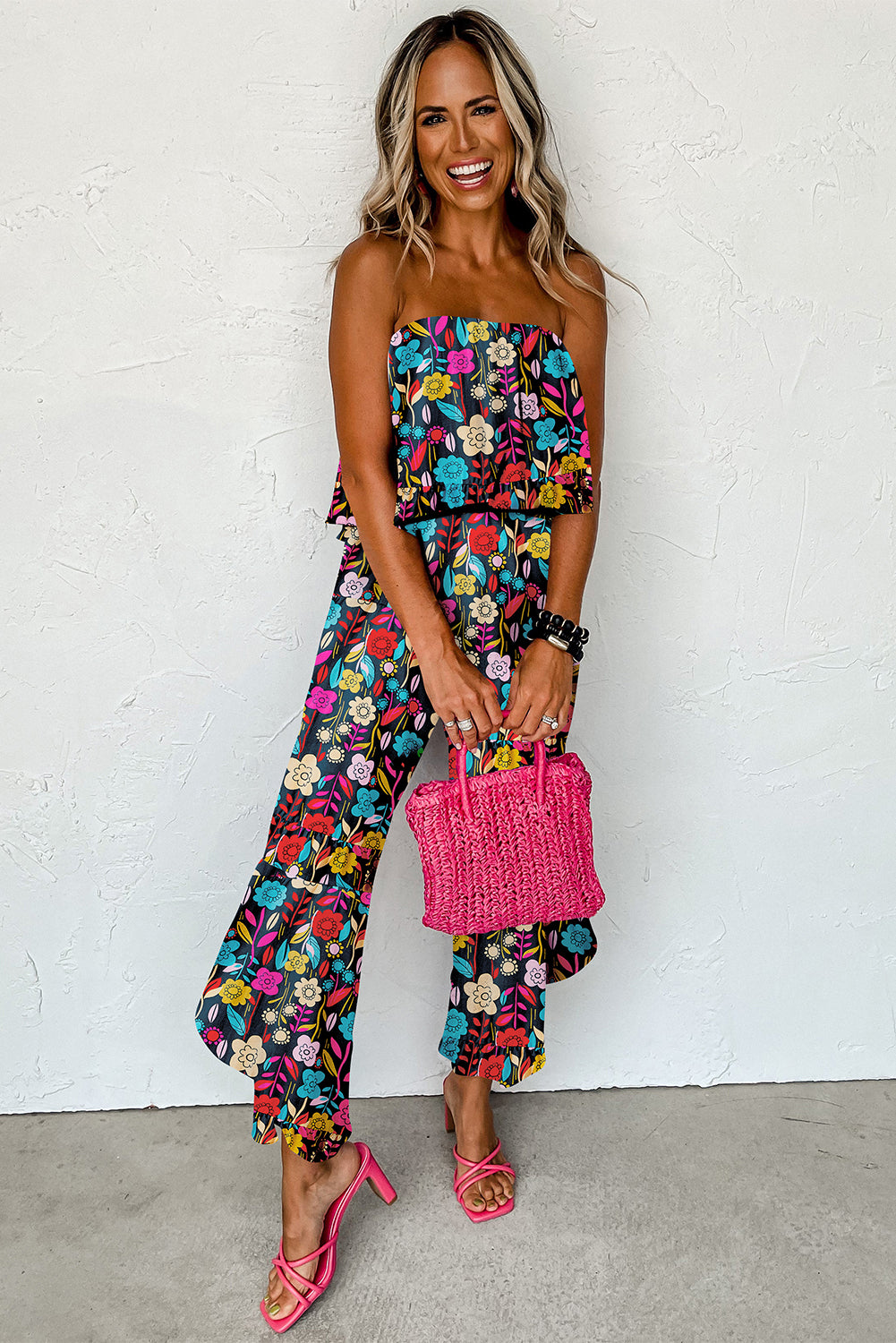 Rot mix tropical print trägerloser geraffter jumpsuit