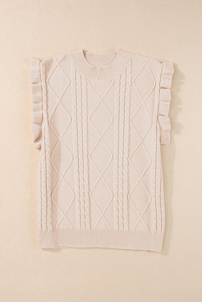 Pergamentfarbener kabelstrickpullover mit rollkragen und langen ärmeln