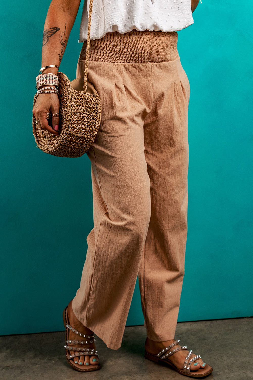 Lehm gesmokte taille lose hose mit geradem bein