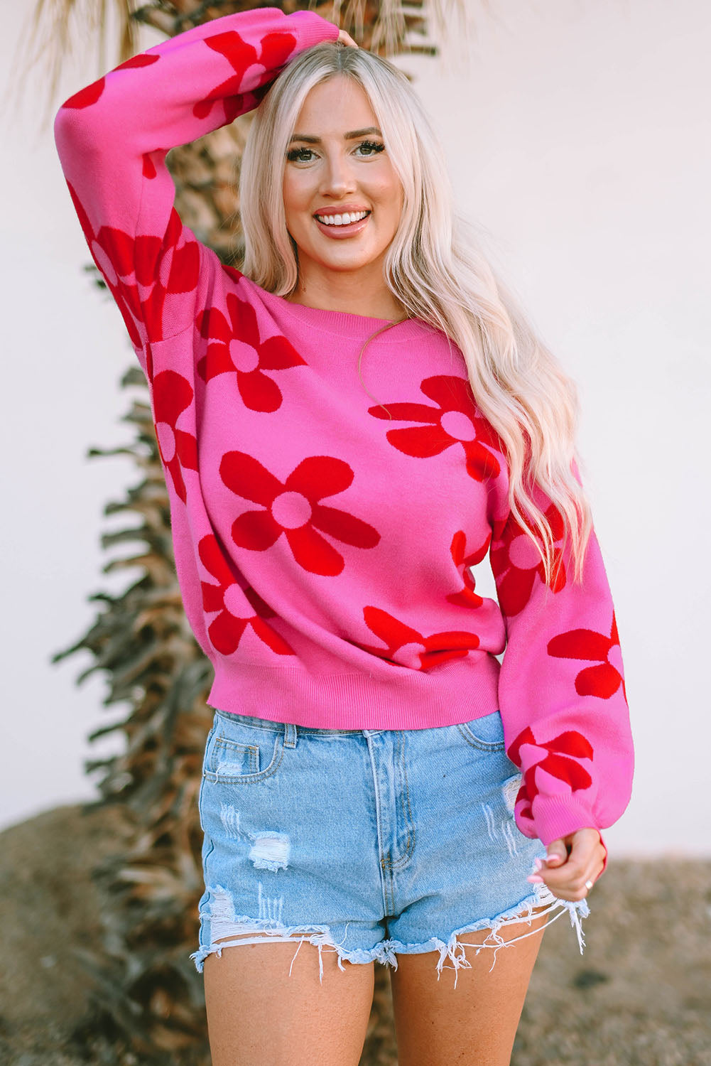 Rose big flower strickpullover mit gerippten abschlüssen