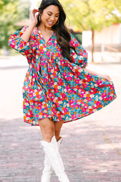 Himmelblau floral print krawatte split neck bubble sleeve babydoll kleid