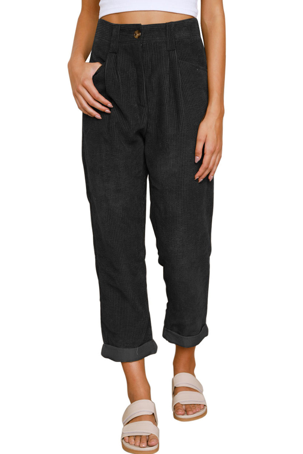 Schwarze cordhose mit hoher taille und geradem bein