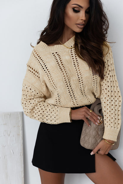 Khaki ösen kabelstrick pullover mit schultern