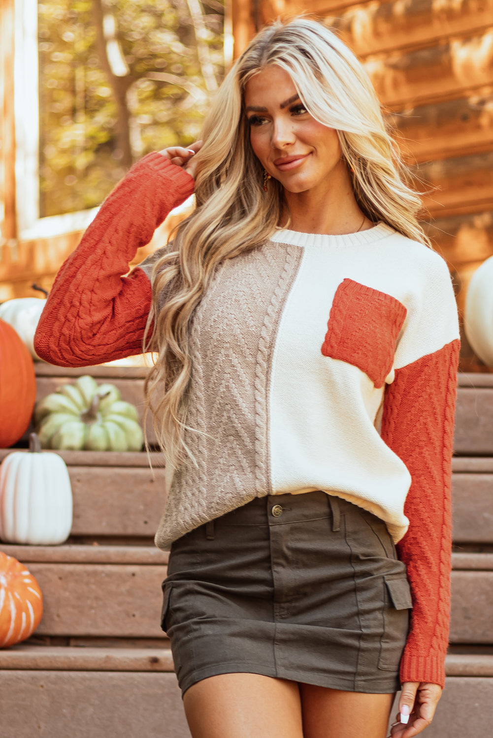 Gold flame colorblock pullover mit aufgesetzten taschen und schultertaschen