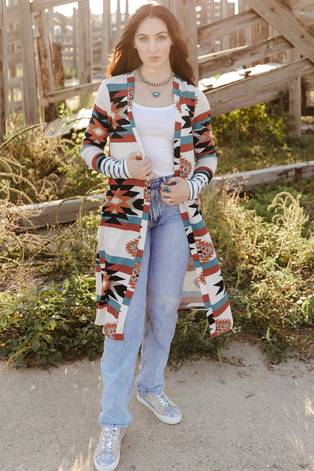 Mehrfarbig geometrisch farbe block offene vorderseite lange strickjacke
