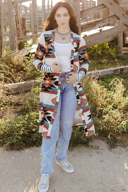Mehrfarbig geometrisch farbe block offene vorderseite lange strickjacke