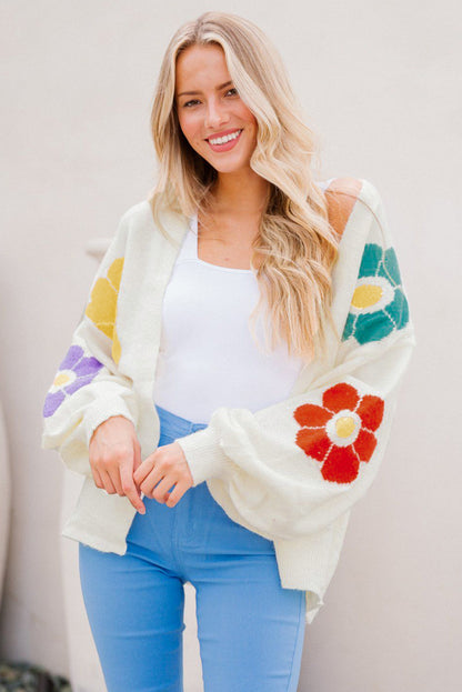 Weiße blume jacquared bubble sleeve open cardigan