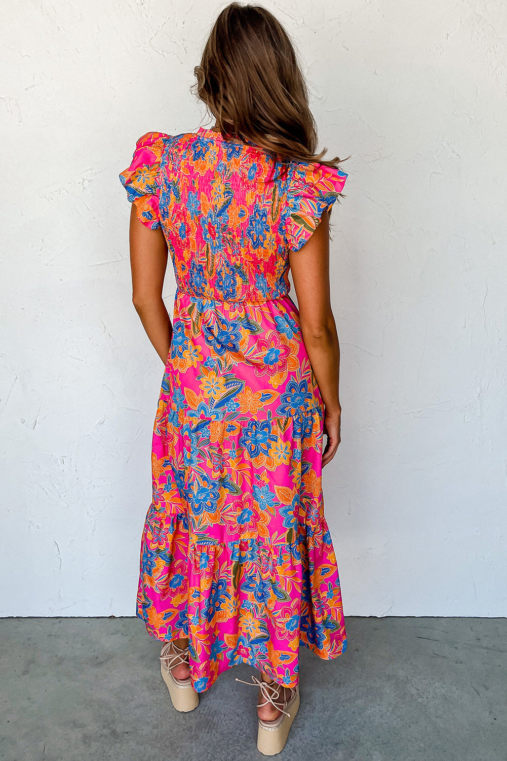 Rosenrot boho floral v-ausschnitt rüschen gestreift langes kleid