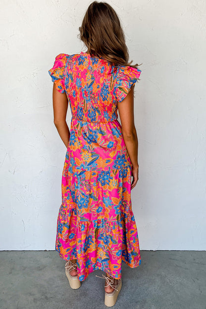 Rosenrot boho floral v-ausschnitt rüschen gestreift langes kleid