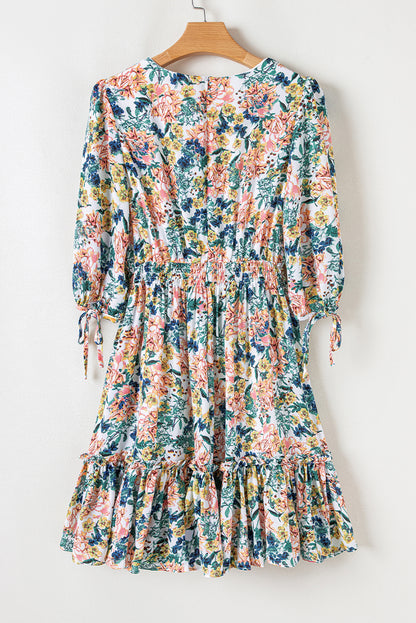 Himmelblau floral 3/4 ärmel v-ausschnitt hohe taille gerafftes kleid