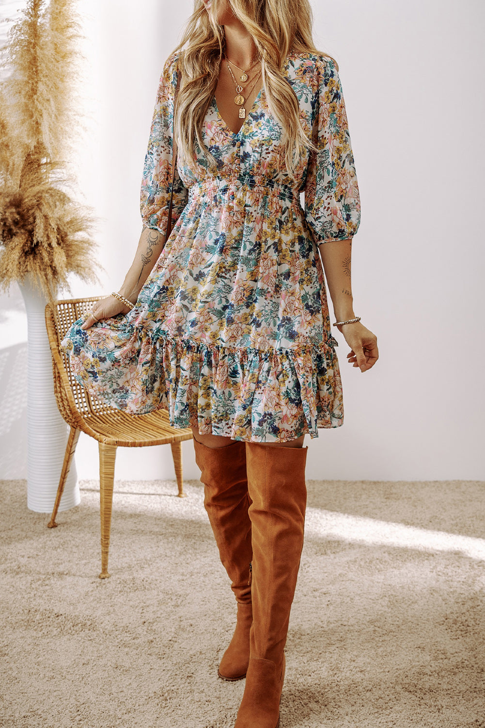 Himmelblau floral 3/4 ärmel v-ausschnitt hohe taille gerafftes kleid
