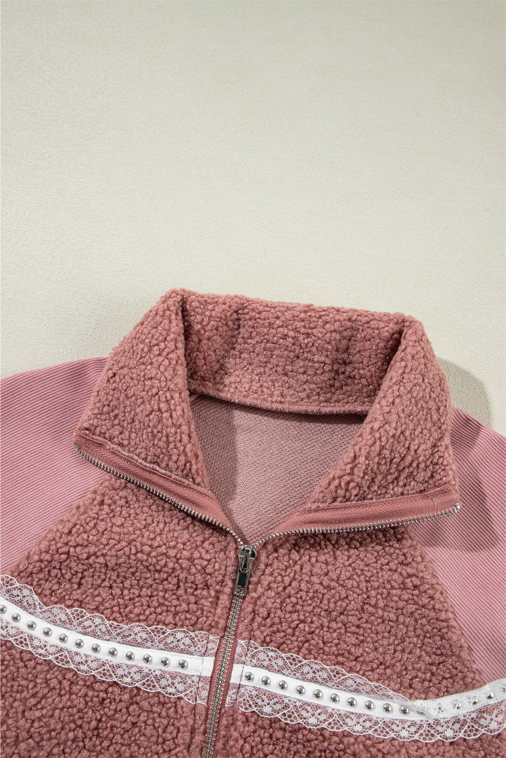 Rosa sherpa patchwork spitze elastische manschette zip up jacke