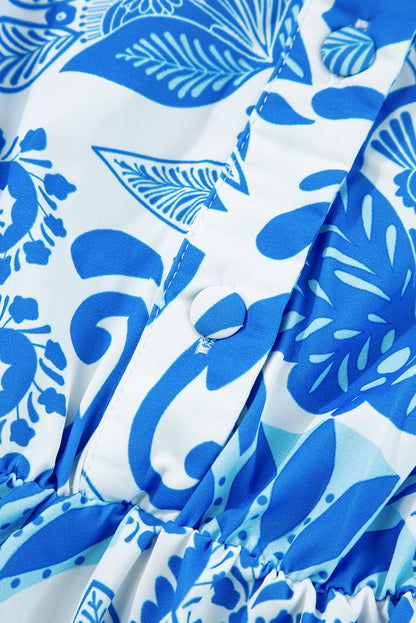 Himmelblaues retro-blumendruck-minikleid mit geraffter taille und kordelzug