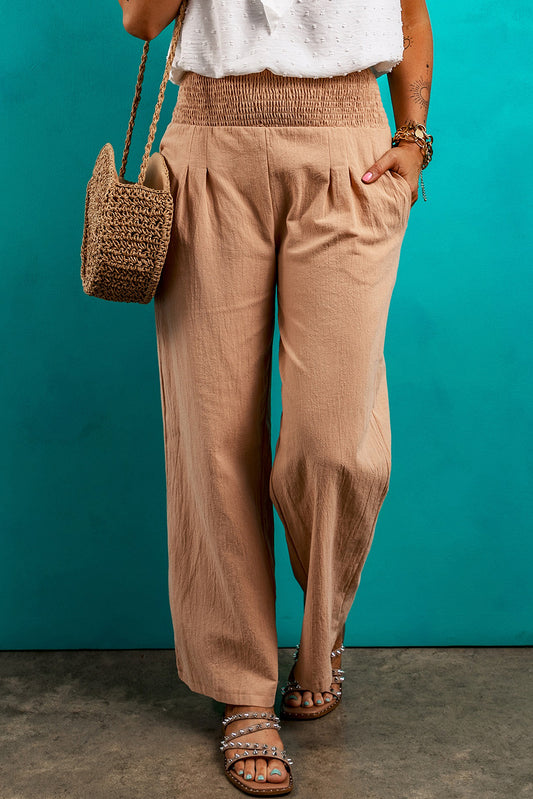 Lehm gesmokte taille lose hose mit geradem bein