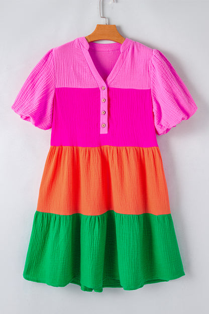 Multicolor color block tiered puff sleeve kleid