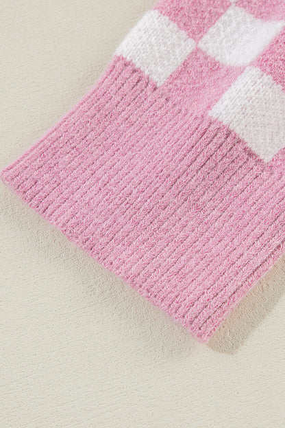Rosa karierter knöpfe kragen v-ausschnitt drop shoulder pullover