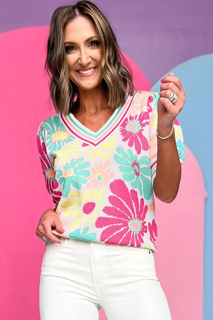 Mehrfarbig floral print v-ausschnitt kurzarm pullover
