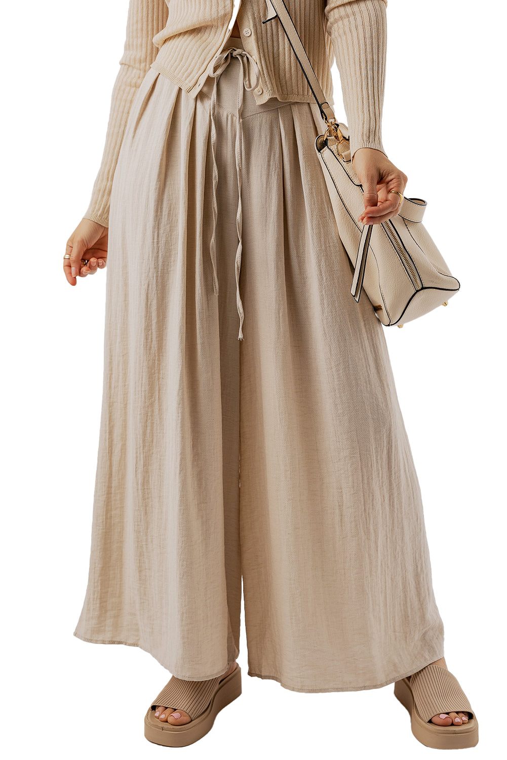 Beige kordelzug taille plissiert weites bein freizeithose