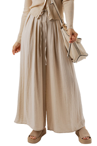 Beige kordelzug taille plissiert weites bein freizeithose