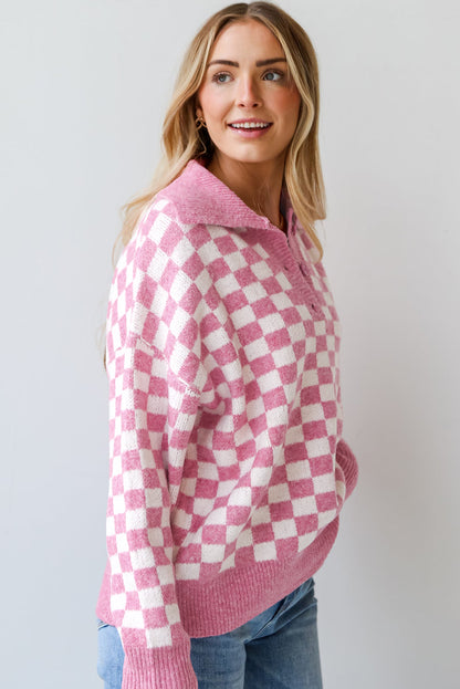 Rosa karierter knöpfe kragen v-ausschnitt drop shoulder pullover