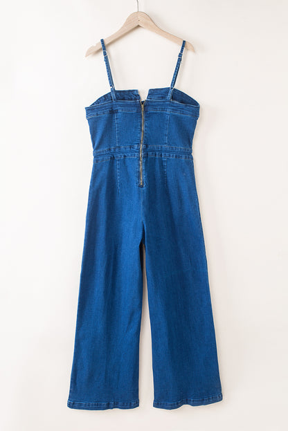 Blauer spaghetti-riemen kerbe v denim jumpsuit