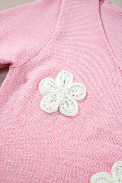 Rosa blume gehäkelt v-ausschnitt kurzarm pullover