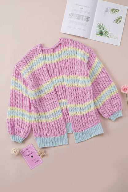 Rosa gestreifte strickjacke mit offener vorderseite und kontraststreifen