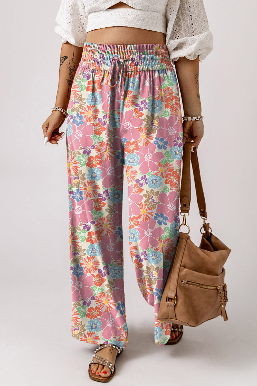Rosa floral smocked taille lose hose