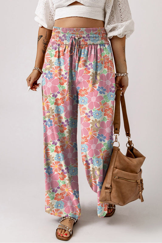 Rosa floral smocked taille lose hose