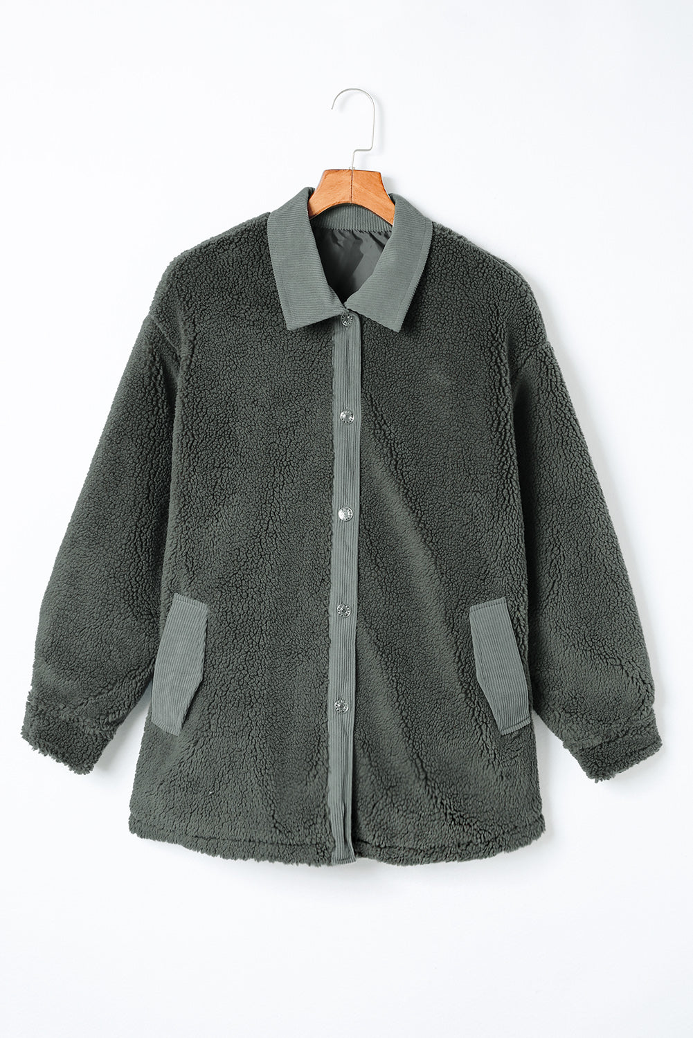 Graue sherpa jacke mit cordbesatz und ellbogenaufnäher