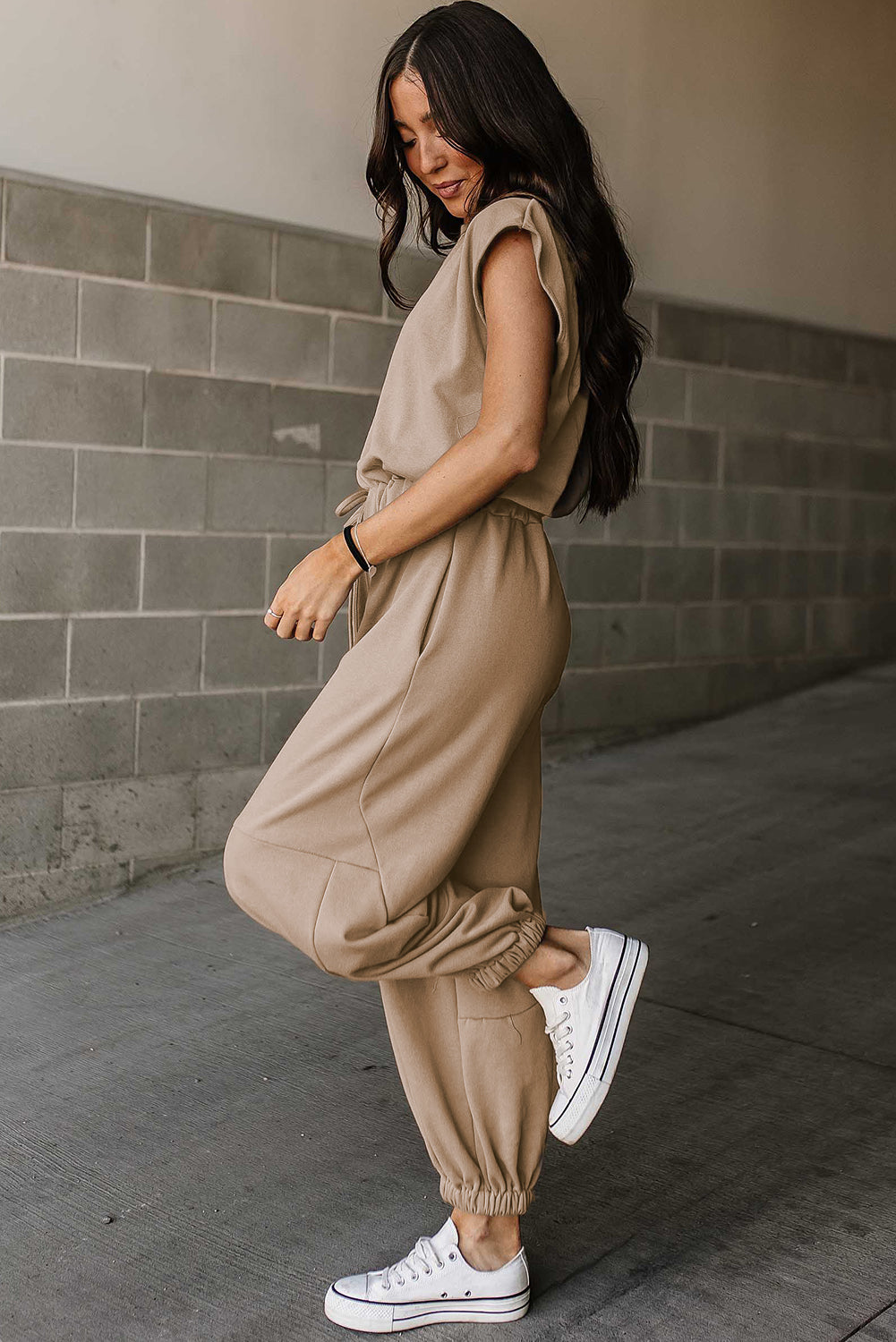 Light french beige cap sleeve open back drawstring jogger jumpsuit