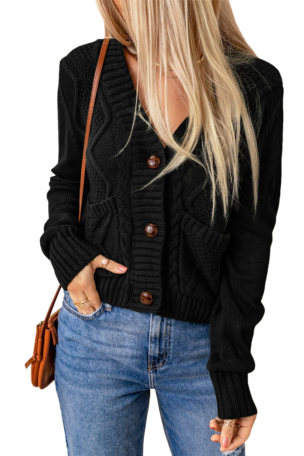 Schwarz fronttaschen knöpfe strukturierte strickjacke