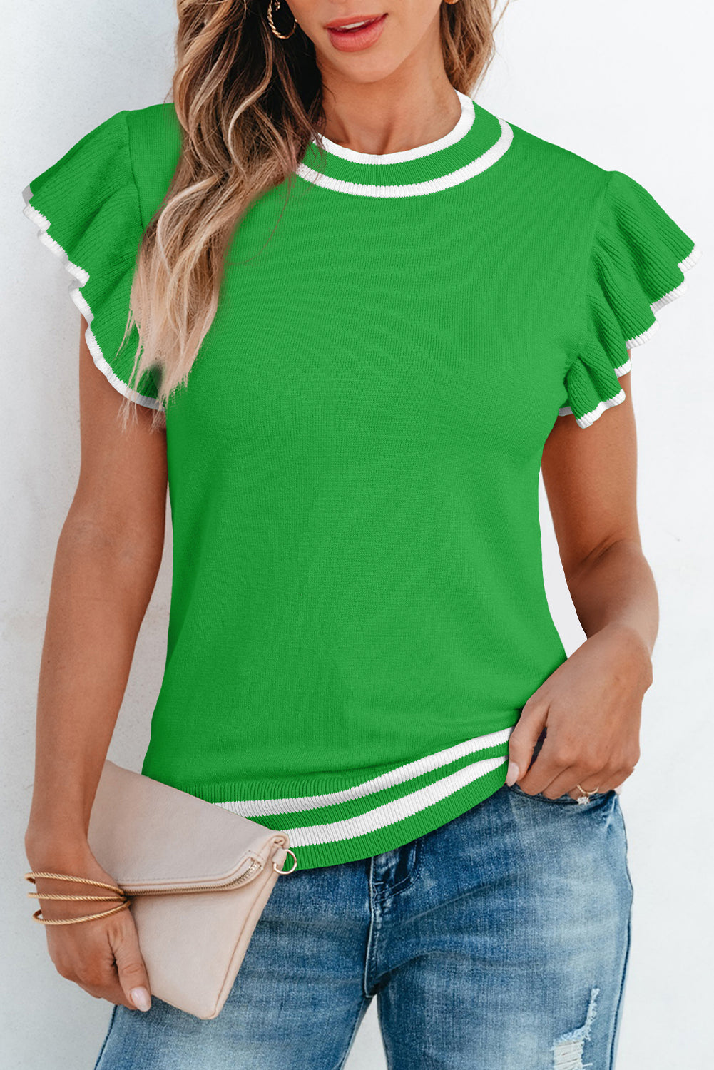 Leuchtend grün rand paspelierung geraffte ärmel rundhalsausschnitt stricken t shirt