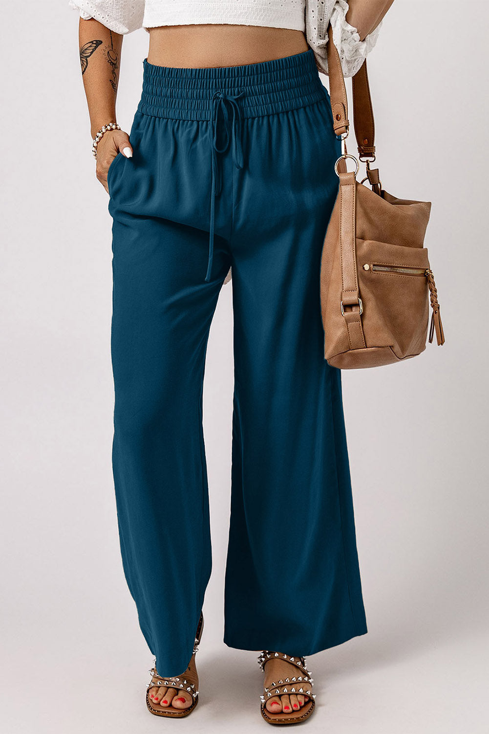 Blaue drawstring elastische taille lässige hose mit weitem bein